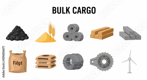 Illustrations of various types of bulk cargo items arranged in two rows