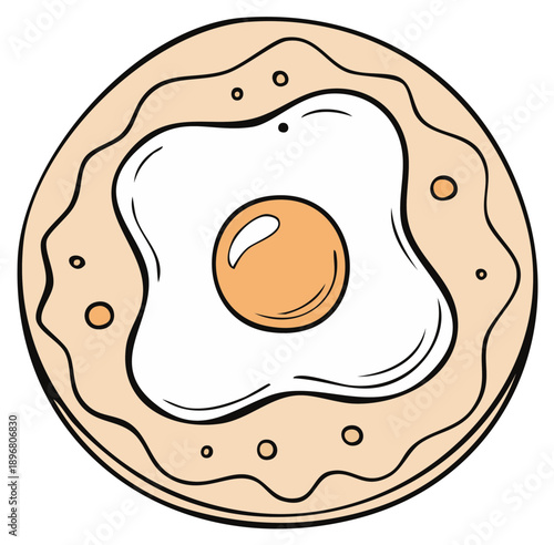 Simple cartoon illustration of a fried egg on a round pancake or flatbread