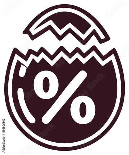 Cracked egg shell with percentage symbol inside, isolated promotional concept for seasonal discount event