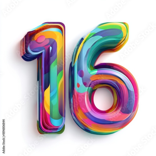 Colorful Artistic Number 16 with Swirls and Bright Patterns
