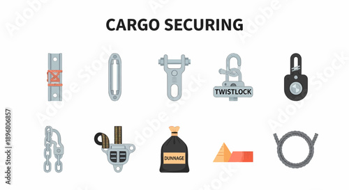 Ten flat icons illustrating various cargo securing equipment and materials