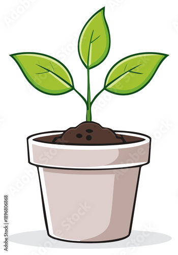 Cartoon illustration of a young green plant sapling growing in a pot