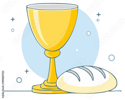 Stylized golden chalice and bread loaf symbolizing Christian sacrament and communion elements