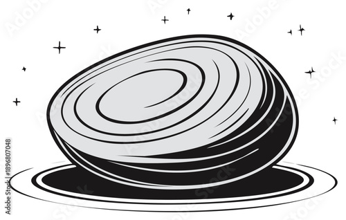 Stylized galaxy with swirling nebula and distant stars against a stark background.