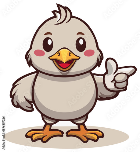 Cute cartoon chick pointing with a cheerful expression and rosy cheeks