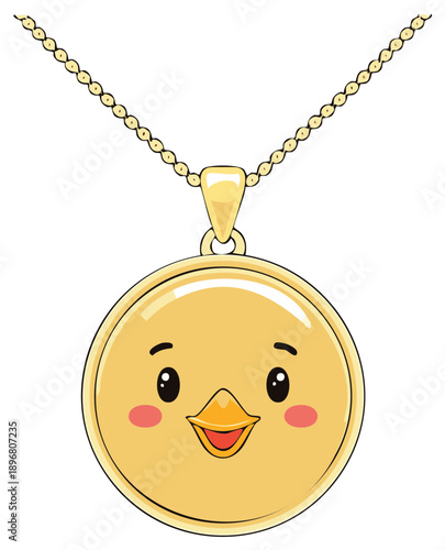 Cartoon Chick Face on Golden Pendant Necklace Illustration Jewelry Design