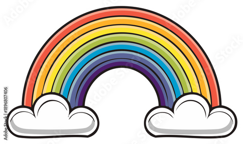 Cartoon rainbow with fluffy clouds. Vibrant colors illustrate weather phenomena and happiness.