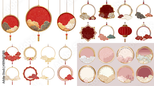 Collection of red and gold Chinese lantern frames with floral patterns and tassels, decorative circular borders for Lunar New Year greeting cards and festive backgrounds.