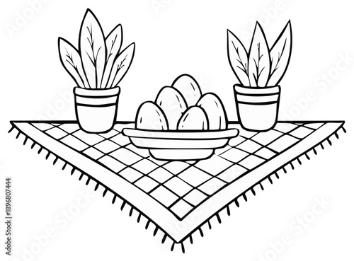 Decorative Tabletop Arrangement with Eggs, Plants and a Checked Cloth
