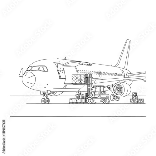 Airplane being loaded with cargo on the tarmac at an airport with a forklift and pallets