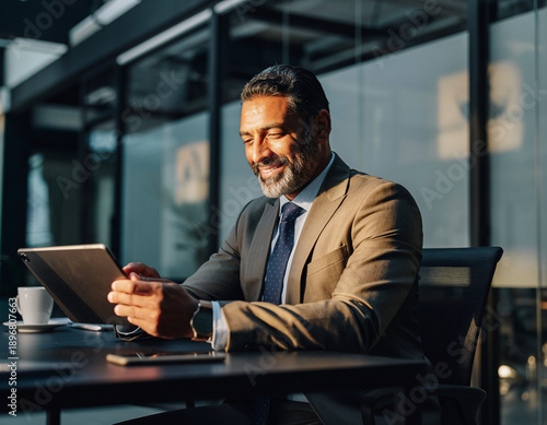 Executive man in suit working using computer for financial business banking work. Smiling senior mature Indian or Latin entrepreneur businessman looking at digital tablet screen in office. Copy space