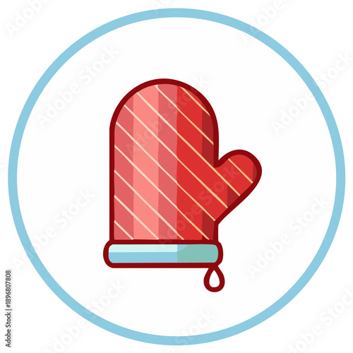 Striped red oven mitt or potholder icon for cooking and baking projects inside blue circle frame