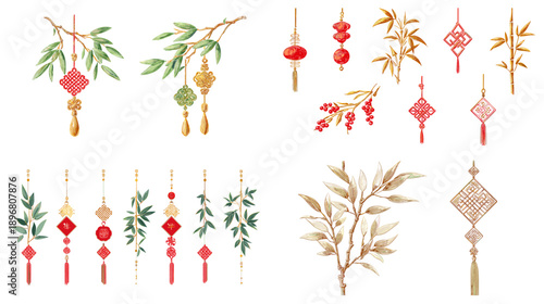Elegant Chinese New Year hanging ornaments with red tassels, bamboo, plum blossoms and traditional knots isolated on white background, festive Asian decoration illustration set.