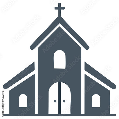 Simple stylized illustration of a church building with cross and arched windows