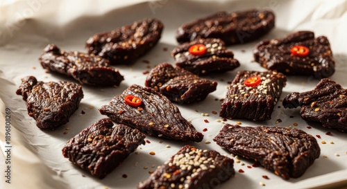 Wallpaper Mural Close-up view of seasoned beef jerky slices adorned with red chili slices and sesame seeds on a textured surface Torontodigital.ca
