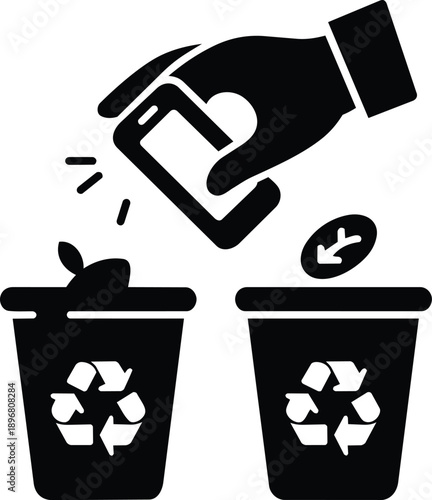 Hand discarding smartphone into recycling bins with arrows mobile