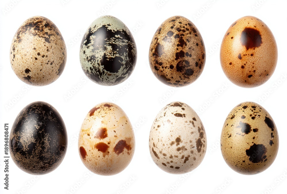 Obraz premium Eight Assorted Bird Eggs With Unique Speckled Patterns In A Studio Setting