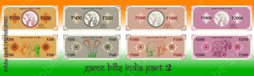 Vector set of game banknotes in denominations of 200, 500, 1000 and 2000 rupees of Republic of India. Collection of obverse and reverse bills. Big elephant. Indian gaming money. Part 2