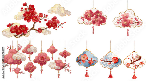 Watercolor plum blossoms, lanterns and decorative clouds in oriental style, perfect for Lunar New Year celebration and elegant Asian festival backgrounds.