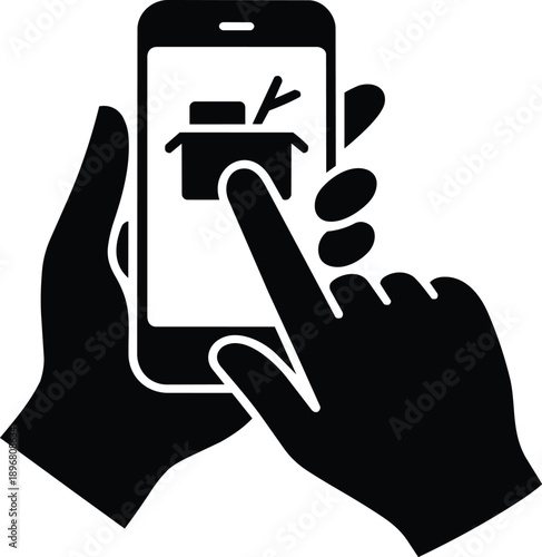Hand holding smartphone with open box icon and finger touching screen mobile phone