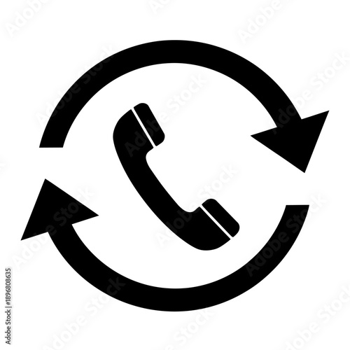 Black Phone Callback Icon with Circular Arrows – Customer Service, Support Hotline Communication Symbol