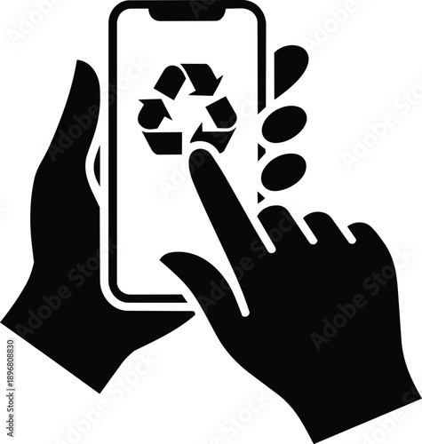 Hands holding smartphone with recycling symbol and finger touch mobile