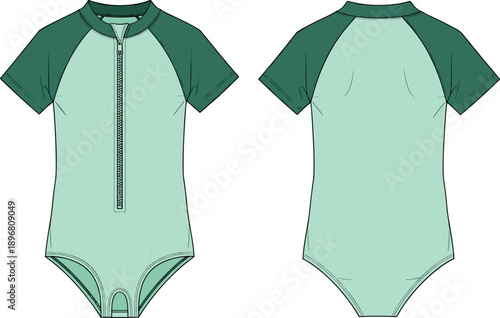 Women's one piece rash guard swimsuit technical flat sketch vector illustration with front zipper, short sleeves, and back view for fashion design template.
