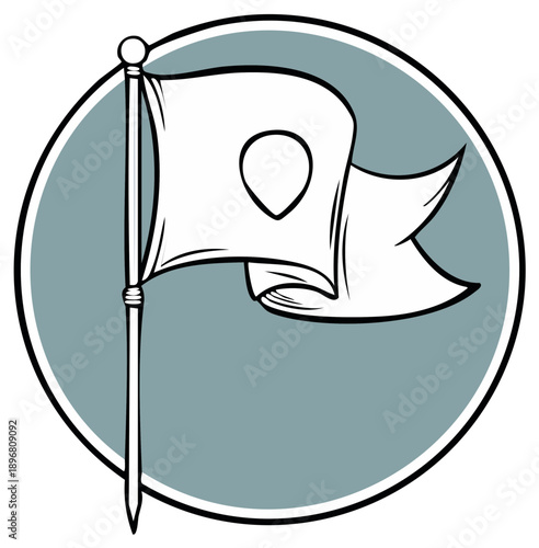 Stylized white flag with extraterrestrial head symbol on pole within gray circle emblem