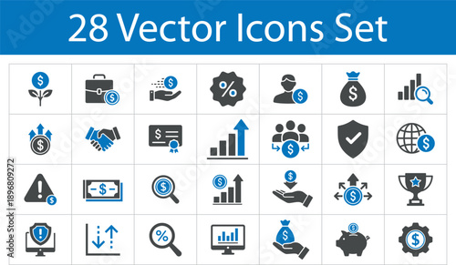 Finance and Banking Vector Icon Set 643 Featuring Investment Growth, Savings, Handshake, Money Bag, Piggy Bank, and Wealth Management Elements in Blue Accents