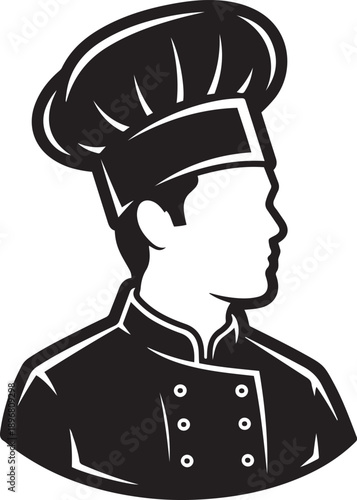 Black and white of a chef in profile wearing a toque cook