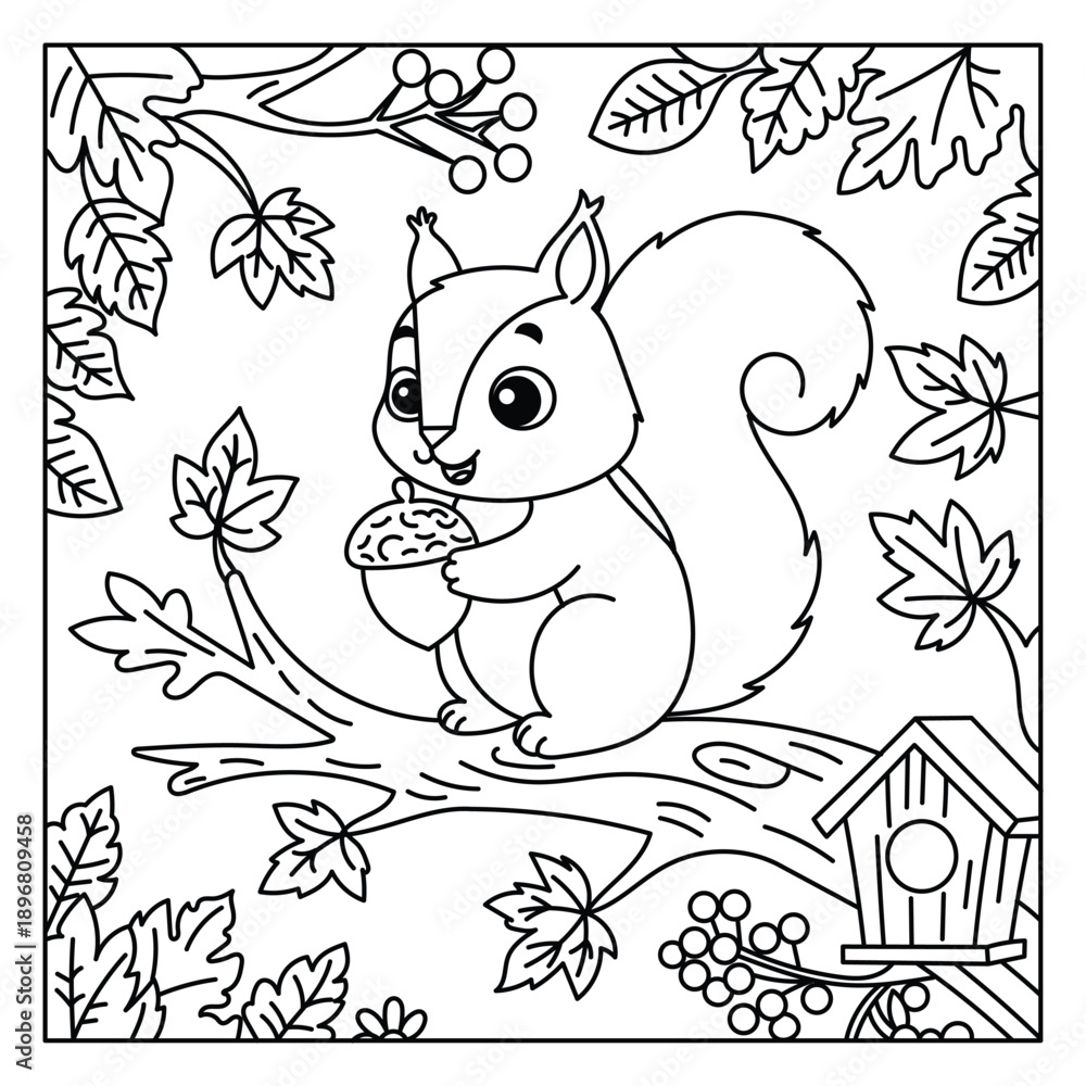 Fototapeta premium Cute Squirrel Coloring Page with Acorn and Autumn Leaves in Woodland Scene