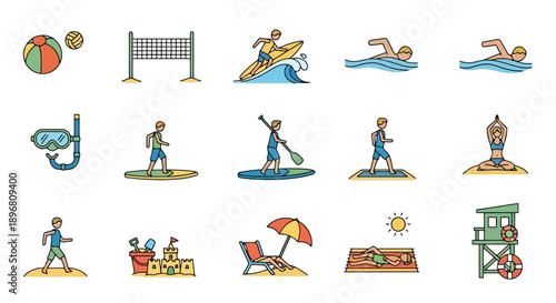 Collection of beach and water sport activities icons.