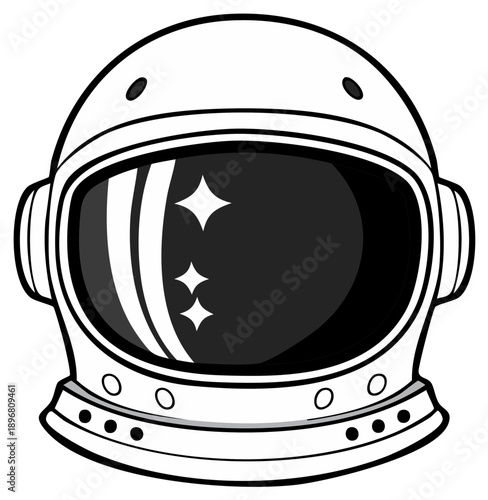 Minimalist astronaut helmet with visor reflection and shiny stars, space travel concept