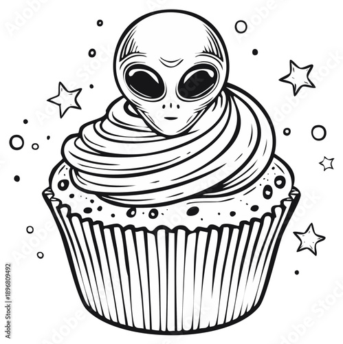 Whimsical alien head topping a frosted cupcake with scattered stars and circles illustration