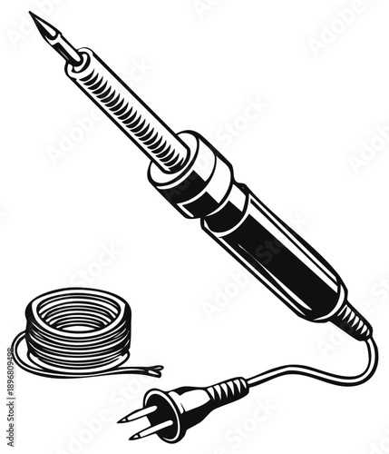 Soldering iron with power cord and spool of wire illustration