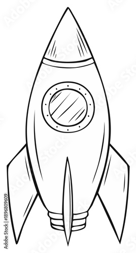 Retro rocket ship with round porthole window and fins flying upwards