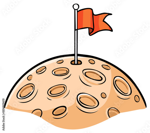 Simple cartoon illustration of a flag on the moon symbolizing space exploration and achievement