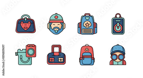 Collection of colorful cartoon bags and backpacks icons.