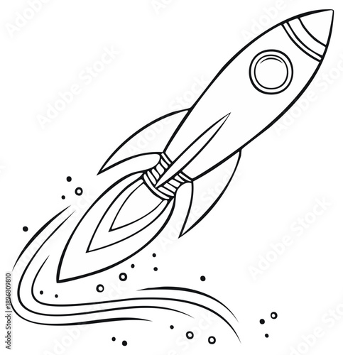 Cartoon rocket ship taking off into the space with exhaust and contrails graphic