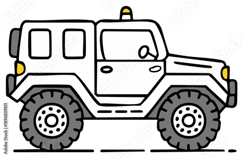 Offroad Vehicle Cartoon Style Illustration of White Four Wheel Drive Car with Spare Tire and Yellow Light