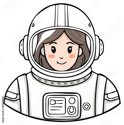 Cute cartoon illustration of a smiling girl with brown hair wearing an astronaut helmet and suit