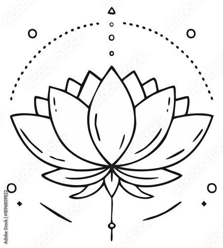 Geometric lotus flower symbol with celestial dots and lines doodle art