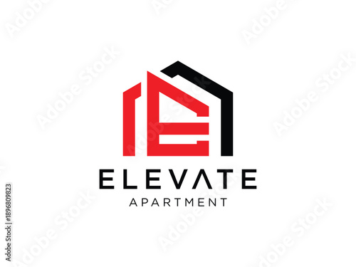 Abstract building logo with red and black letters E and L for elevate apartments
