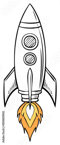 Hand drawn retro rocket ship launching with fire exhaust sketch illustration