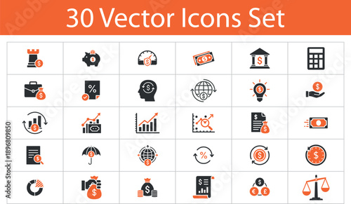 Finance and Investment Vector Icon Set. Featuring Banking, Budgeting, Market Analysis, Currency Exchange, and Financial Strategy Symbols in Orange Accents