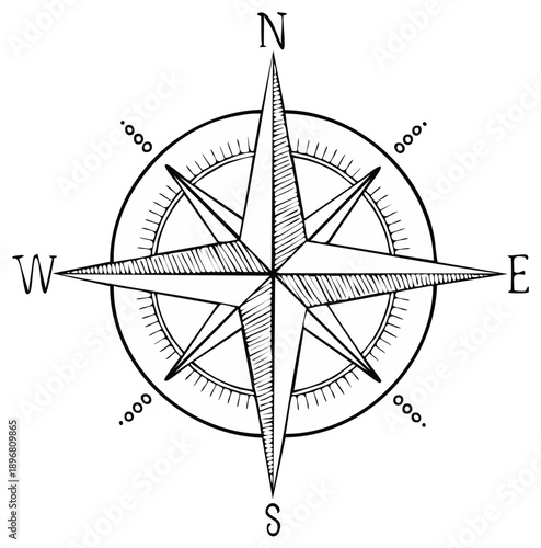 Black and white hand drawn compass, navigational directions design