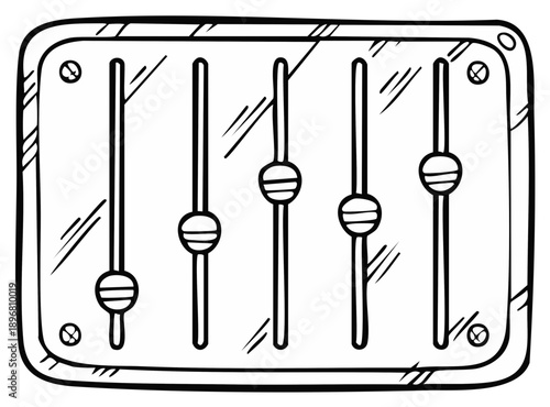 Hand-drawn illustration of a sound mixer panel with five sliders