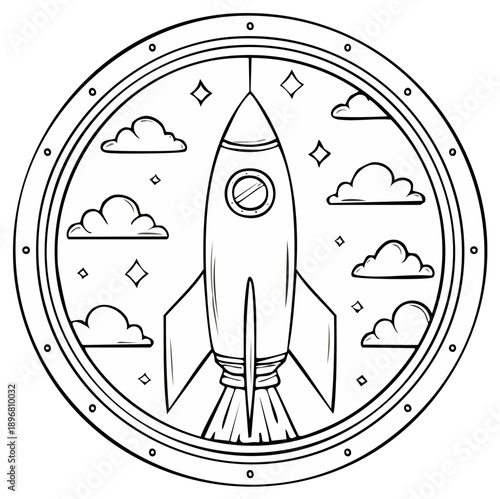 Line art rocket launching through clouds and stars within a circular porthole or emblem