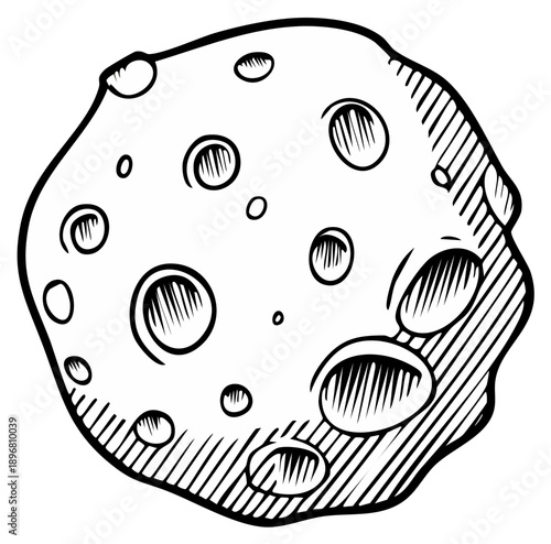 Hand drawn asteroid with craters comic style illustration. Black and white line art of a celestial space rock.