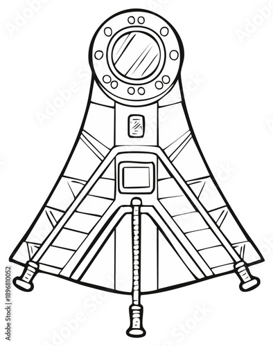 Spacecraft landing module cartoon outline illustration with round porthole window